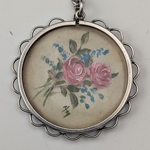 Vintage sterling silver hand-painted rose pendant with necklace